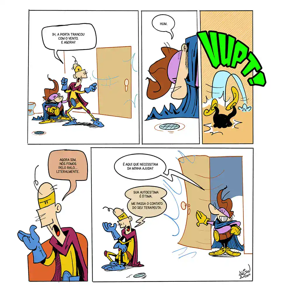 tirinha do super heroi poka sombra usando seu poder de passagem ninja