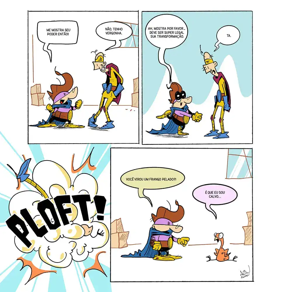 tirinha do super heroi poka sombra e o poka pena mostrando seu poder de virar frango